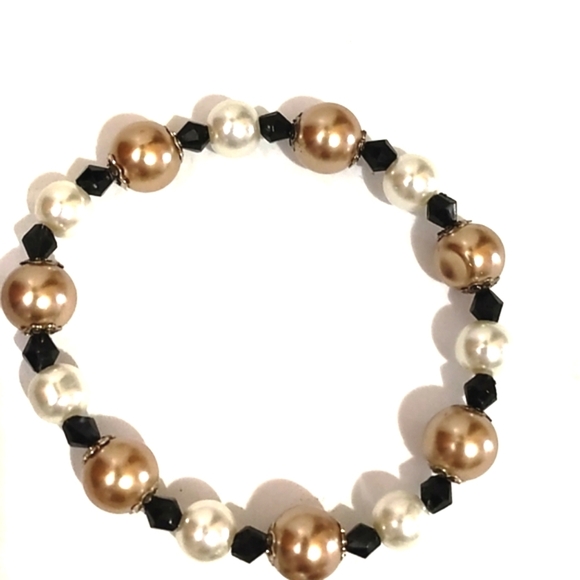 VINTAGE FAUX PEARL GOLD BLACK BEADED 17-21"NECKLACE STRETCH BRACELET EARRING SET - Picture 7 of 11